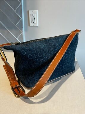 Vintage Celine C Macadam Navy Suede Shoulder Bag with Tan Leather Strap